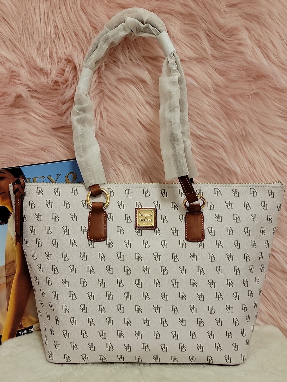 Dooney & Bourke White Wren Logo Tote with Brown Leather Trim